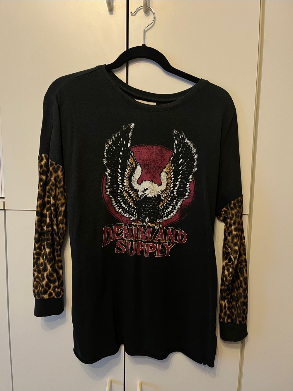 Denim & Supply Ralph Lauren Black Long Sleeve Tee with Leopard Print Sleeves